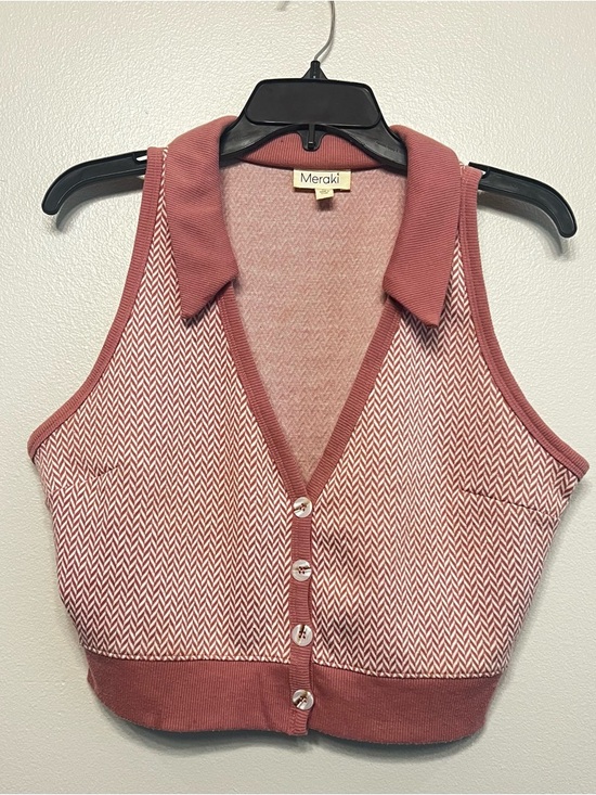 meraki Tops - meraki Dusty Rose & Cream Herringbone Collared Crop Top V Neck Tank Vest Retro